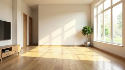 Bright Sunlight Illuminates a Modern Empty Room with Hardwood Floors, a Minimalist TV Stand, and Large Window