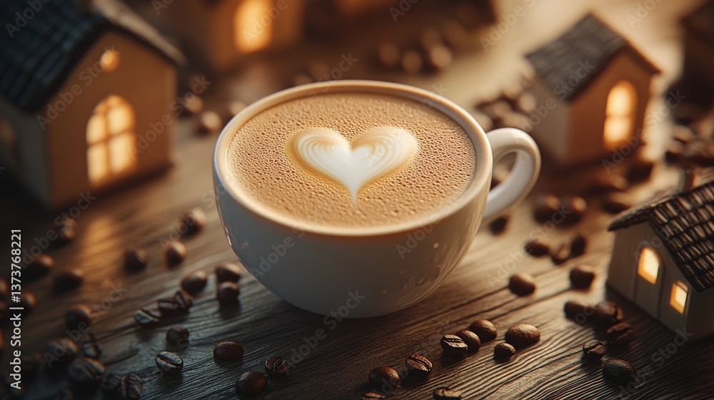 Poster a cup of cappuccino with a heart-shaped foam art surrounded by small, illuminated model houses, crea