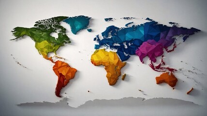 A vibrant, geometric world map in colorful shades, showcasing a modern and artistic interpretation of global geography.