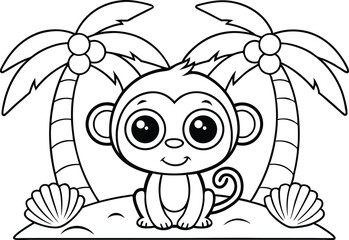 Cartoon Outlined Monkey Sitting on Sand with Palms and Seashells, Transparent