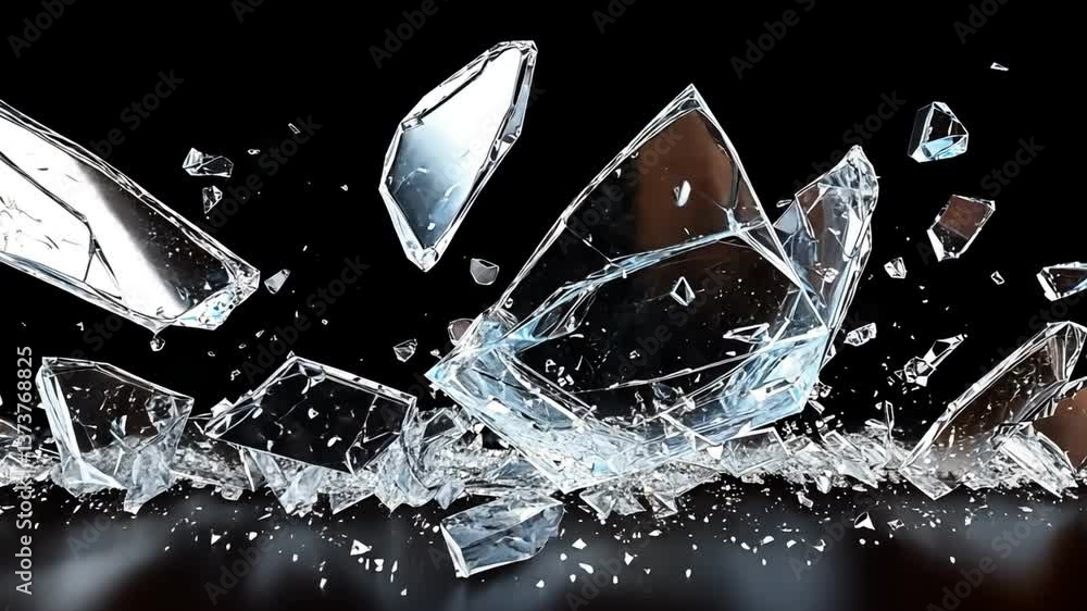 Poster shattered glass pieces scatter across dark reflective surface, creating dramatic visual effect with 
