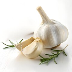 Garlic Bulb and Cloves on White Background – High Detail Macro Photography, Aromatic Culinary Ingredient, Organic Texture