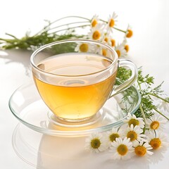 Chamomile Tea in Glass Cup with Fresh Flowers – Herbal Relaxation Beverage