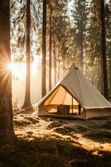 Serene morning light illuminating a cozy camping tent nestled in a tranquil forest