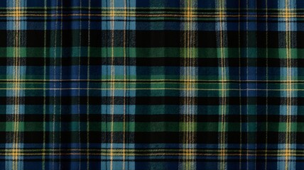A close-up of a blue and green plaid fabric featuring intersecting stripes in black and yellow.