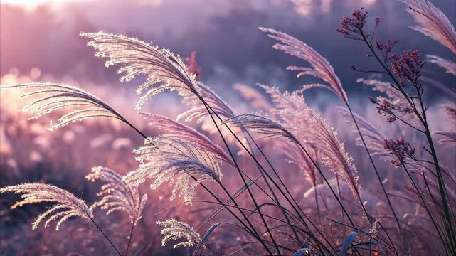 Ethereal feathery grass, dreamy pastel colors, soft pink and purple hues, delicate wispy textures, surreal botanical landscape, macro photography, fairytale atmosphere, gossamer strands, otherworldly 