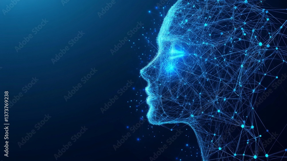 Aufkleber profile view of a digital face with glowing blue network lines symbolizing artificial intelligence, 