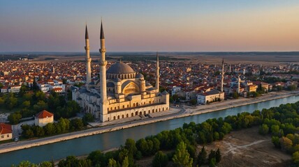 Fototapeta premium Aerial view of a stunning mosque at sunset, showcasing vibrant colors in the sky and a serene river flowing beside it.