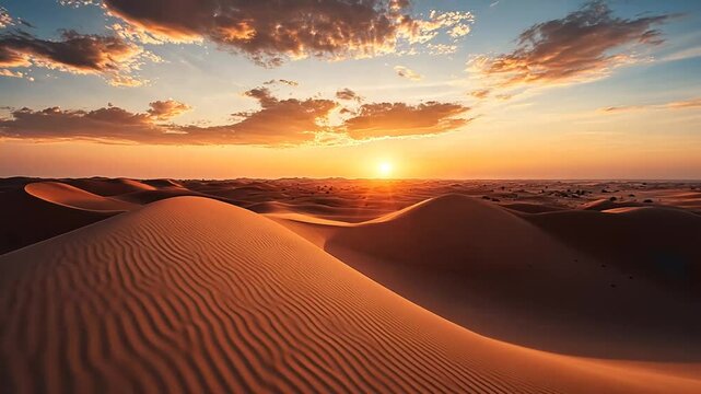 Majestic desert landscape at sunset with soft, golden light casting shadows on dunes