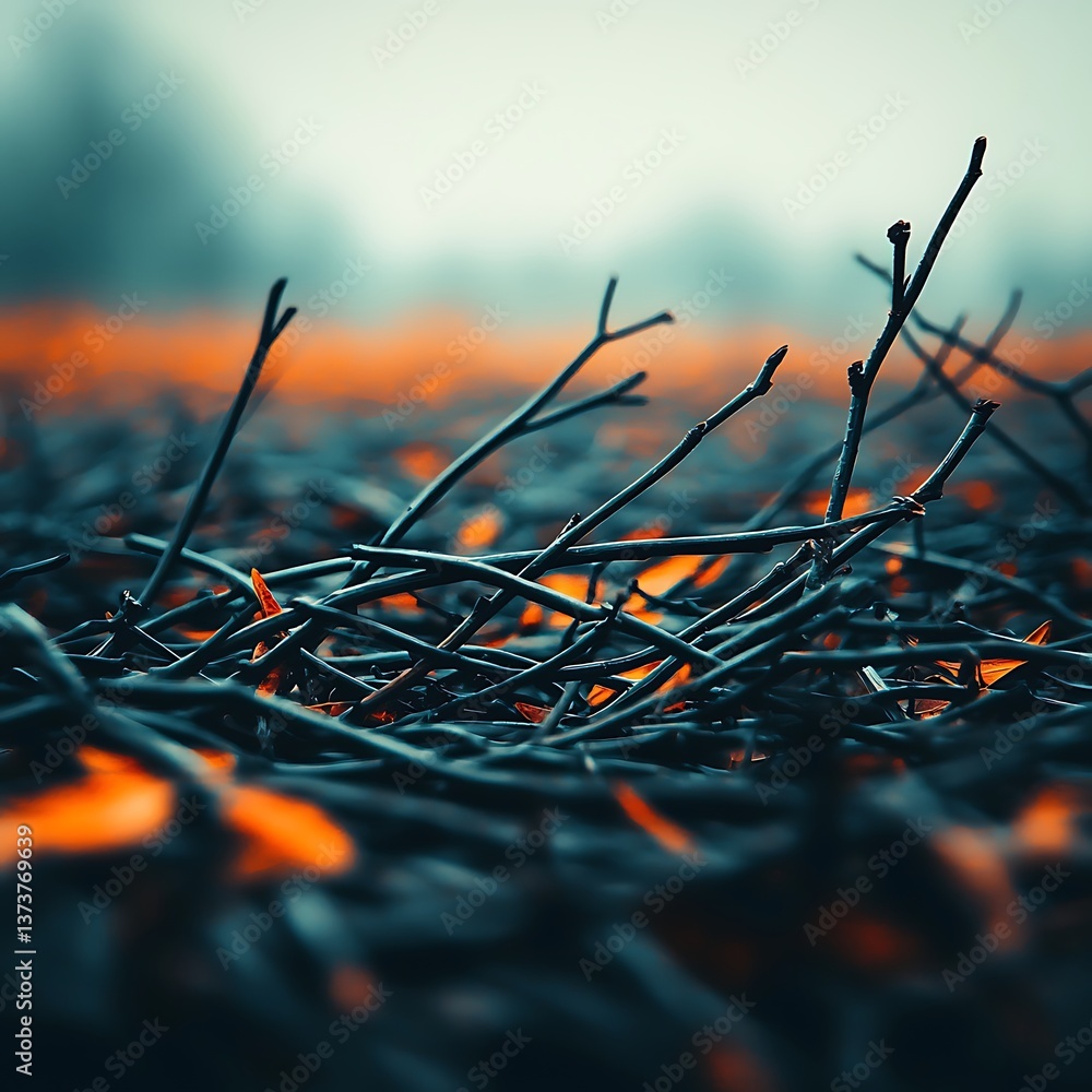 Poster a close-up view of scattered twigs with a blend of warm and cool tones, creating a striking contrast