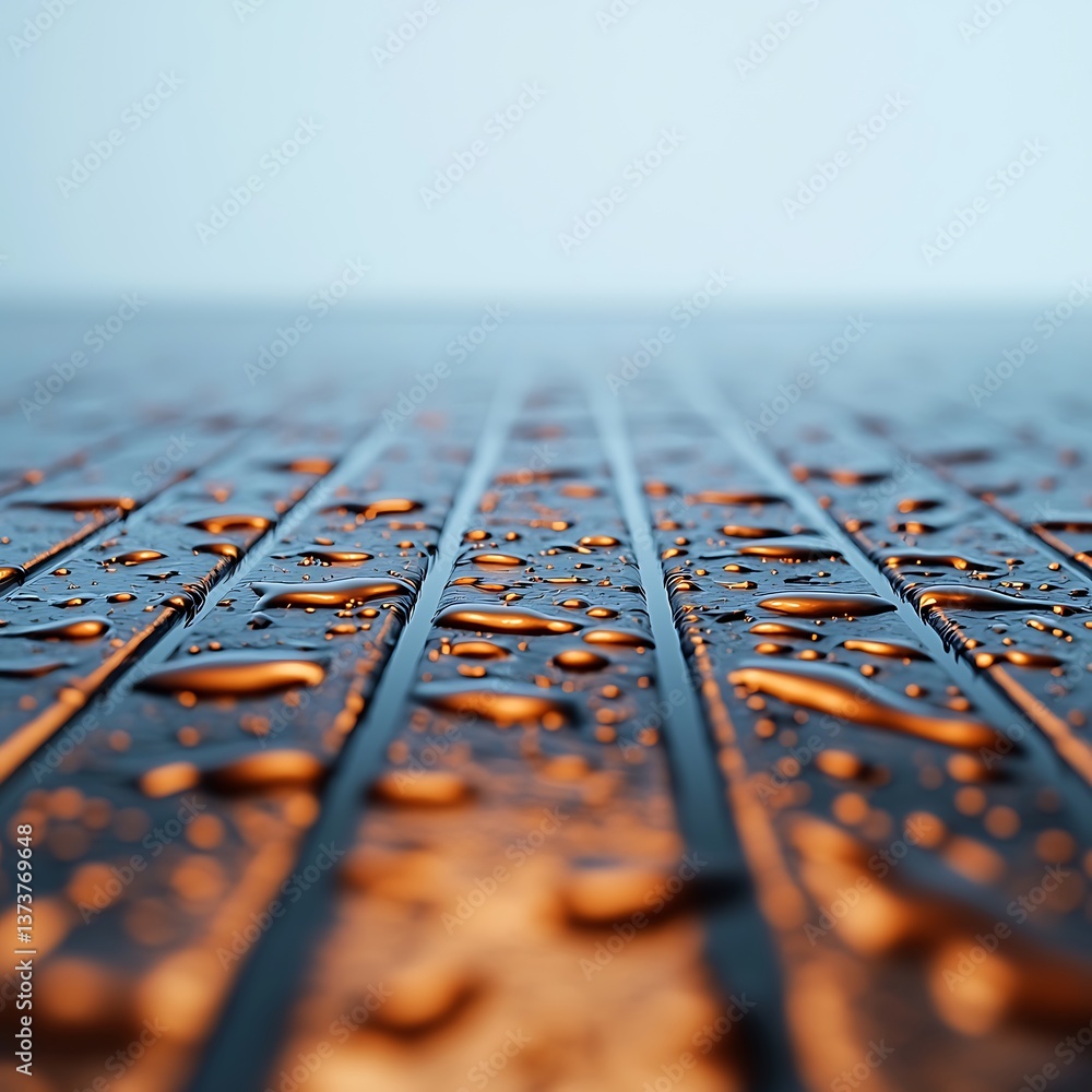 Poster a close-up view of water droplets resting on a textured, wooden surface, creating a glistening effec