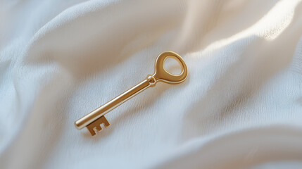 Elegant golden key resting on soft, flowing white fabric, symbolizing access and opportunities.