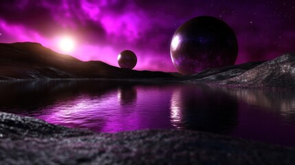 Surreal cosmic landscape featuring two large planets above a reflective purple lake at sunset