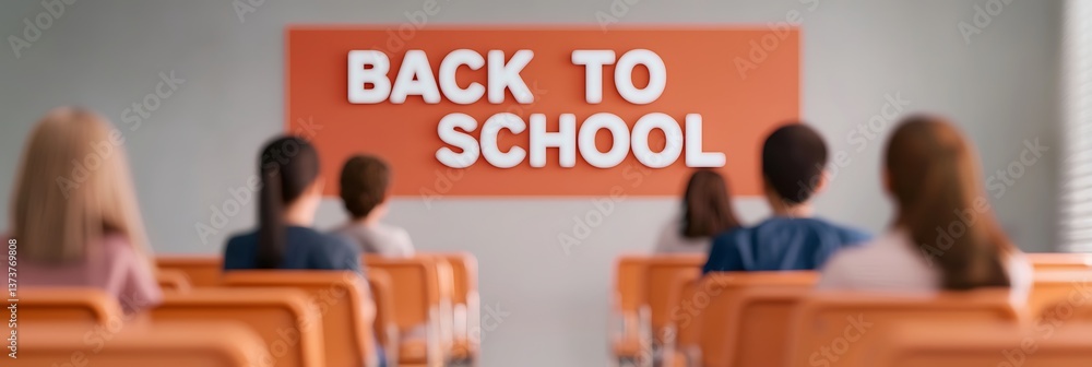 Poster a group of students sits in a classroom facing a large sign that reads 