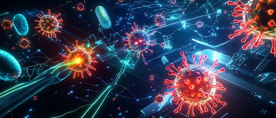 Cybernetic immune cells defending against AI-controlled viral infections in a futuristic simulation 
