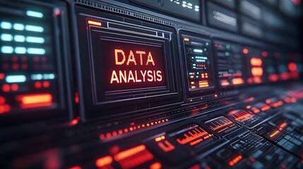 A futuristic interface displaying "DATA ANALYSIS" with vibrant red and blue lights, symbolizing advanced technology and data processing.