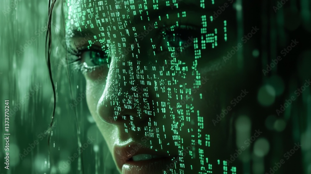 Poster a side profile shot of a woman with green binary code streaming across her face, symbolizing the fus
