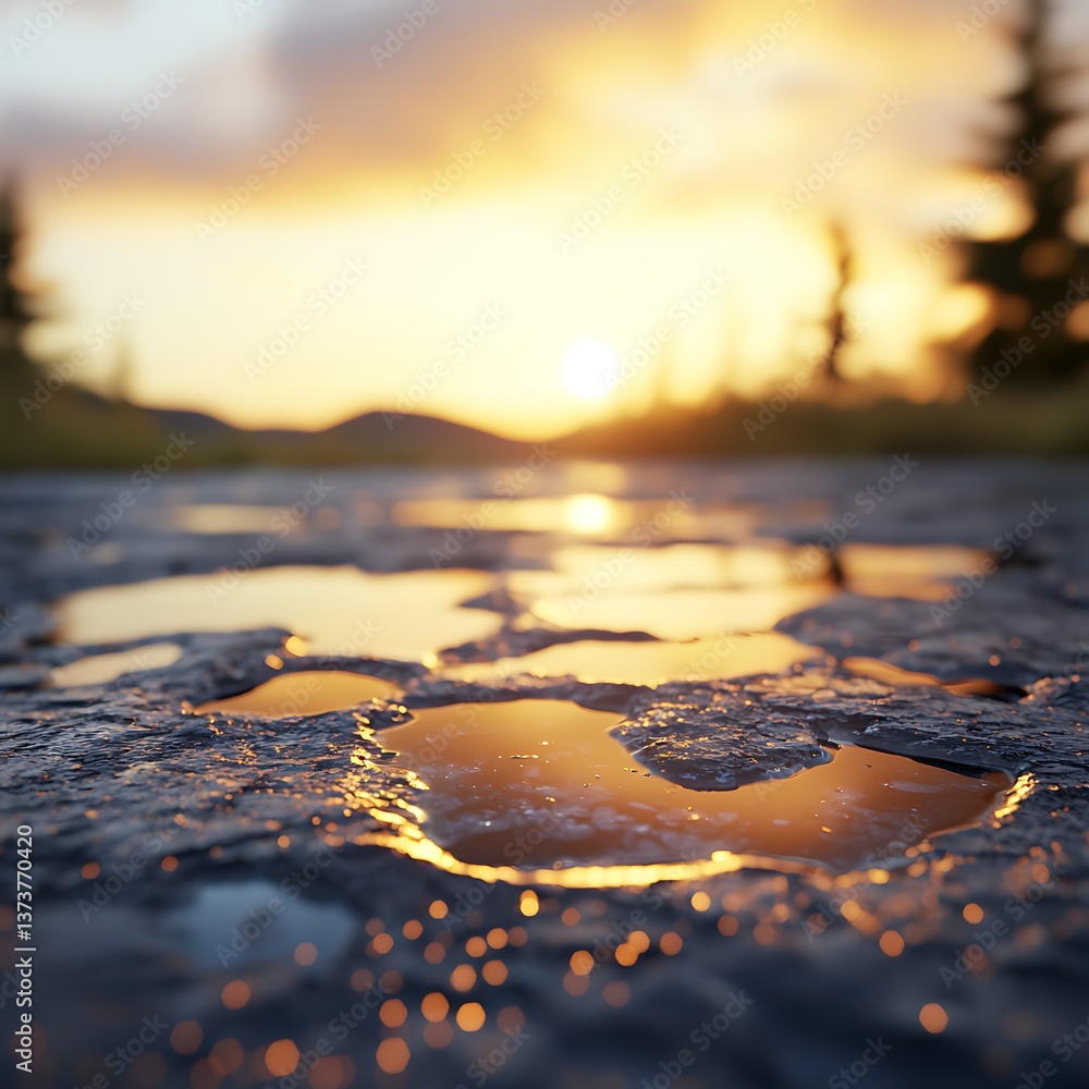 Poster a serene sunset reflected in puddles on a textured surface, surrounded by trees, creating a tranquil