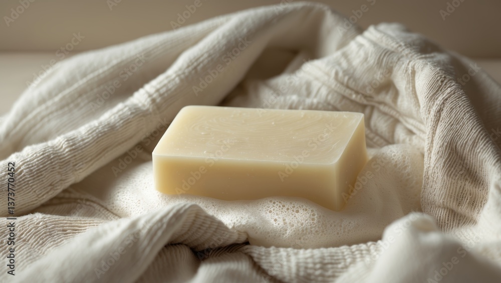 Poster handmade soap resting on a soft cloth surrounded by gentle bubbles in a serene atmosphere