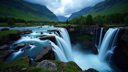 Fototapeta premium A high-quality photo of Reichenbach Falls in Switzerland at night, cloudy conditions, taken from an aerial perspective, showcasing the waterfall surrounded by mist and dark skies.