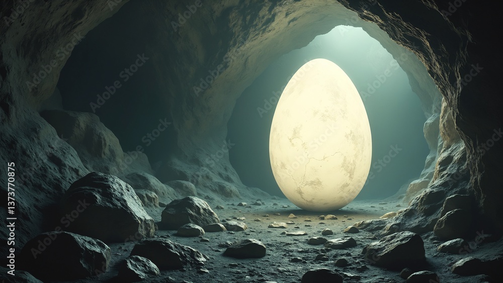 Poster Mysterious Large Egg Surrounded by Dim Light in Dark Cave Setting with Rocks and Shadows Enhancing the Enigmatic Atmosphere