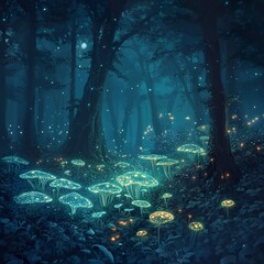 Enchanted luminous mushrooms illuminate a dreamy forest at twilight scenery