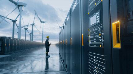 Data Center and Wind Turbines: A worker in a data center, standing among server racks, with a backdrop of wind turbines, representing technological infrastructure and renewable energy.