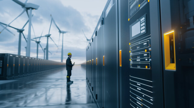Data Center and Wind Turbines: A worker in a data center, standing among server racks, with a backdrop of wind turbines, representing technological infrastructure and renewable energy.