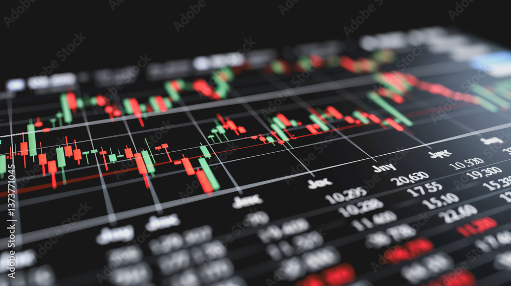 Poster financial data displayed: a close-up perspective of a modern screen displaying dynamic stock market 