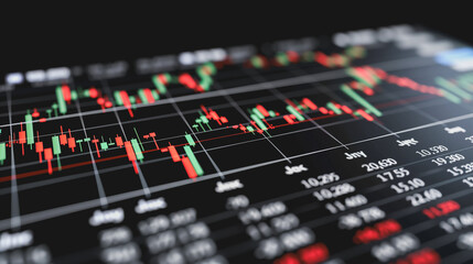 Financial Data Displayed: A close-up perspective of a modern screen displaying dynamic stock market graphs and fluctuating data points, symbolizing financial analysis and trading activities. 