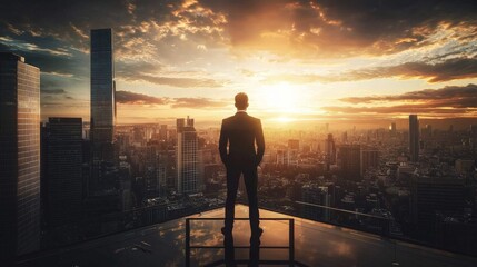 A man enjoys the view from a penthouse at sunset.