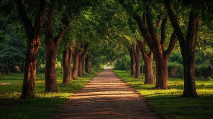 Obraz premium Park Nature: Pathway through Tree-lined Park with Scenic Skyline