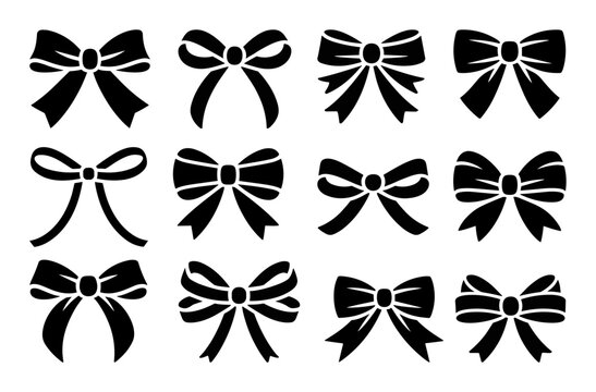 Black Monochrome decorative ribbon bows set. Holiday sign collection. Ribbon symbol, accessory logo, cut files. Vector outline illustrations isolated on transparent background.