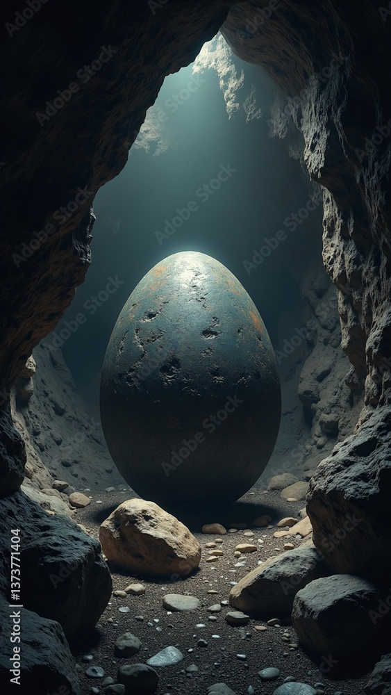 Poster Mysterious Large Egg Surrounded by Dim Light in Dark Cave Setting with Rocks and Shadows Enhancing the Enigmatic Atmosphere