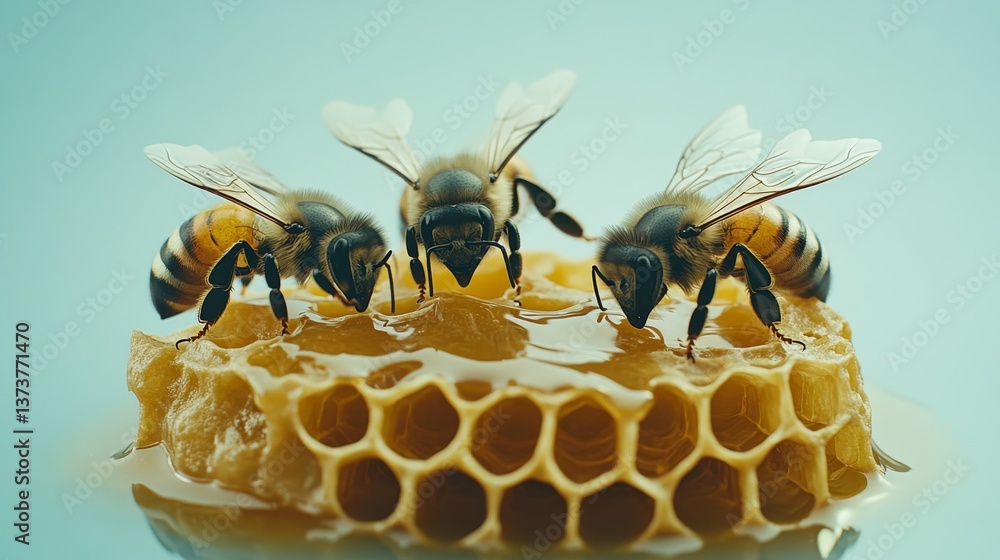 Poster a close-up view of three honeybees on honeycomb, meticulously gathering nectar. this image highlight