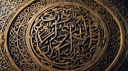 Obraz premium Intricate wooden calligraphy motif featuring Arabic script, showcasing artistry and craftsmanship in a warm, inviting tone.