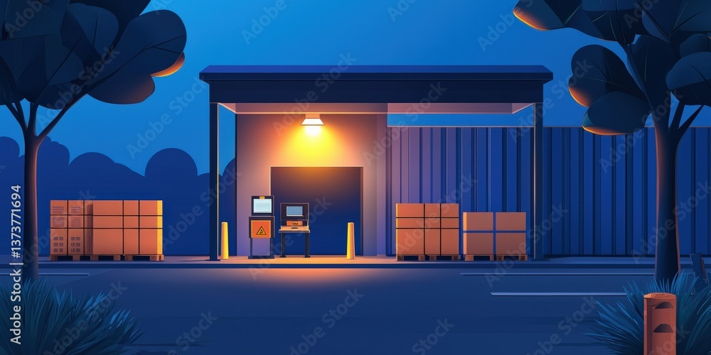 Poster import tariffs trade impact concept. nighttime scene of a warehouse with illuminated entrance and st