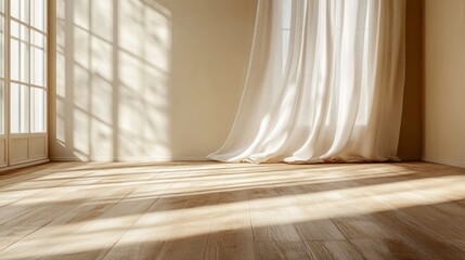 Sunlight streams into an empty room with flowing white curtains