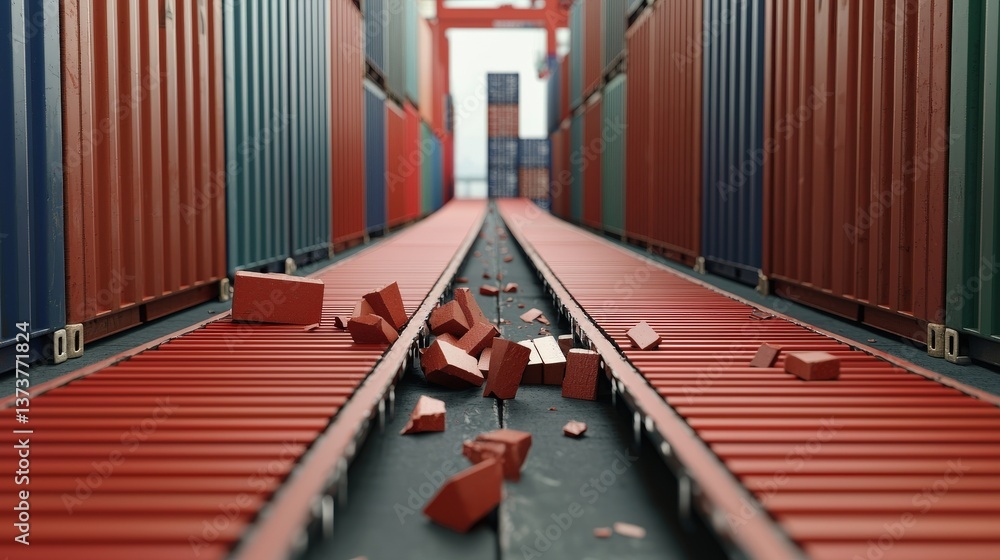 Poster import tariffs trade impact concept. cargo containers with scattered bricks along a loading area.