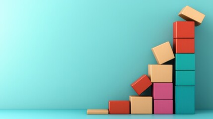 Obraz premium Import Tariffs trade impact concept. Colorful blocks arranged in a growing stack against a blue background.