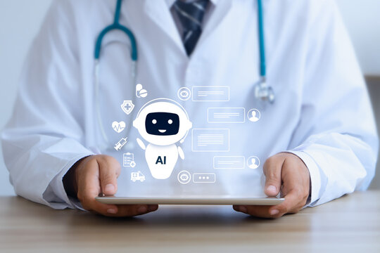 AI chatbot assisting doctor health care and medical support. artificial intelligence in medicine and robotic chat customer services. futuristic concept in smart healthcare system.