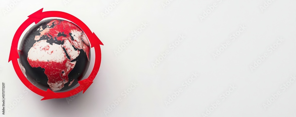 Poster import tariffs trade impact concept. globe with red arrows indicating rotation and movement.