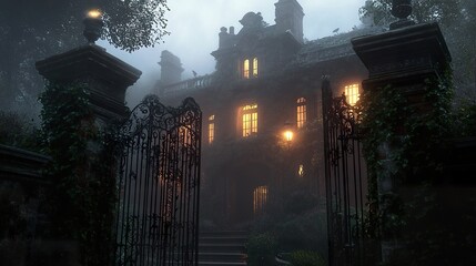Mysterious mansion veiled in mist with illuminated windows and intricate gate