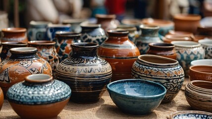A variety of beautifully crafted pottery displayed at a market, showcasing intricate designs and diverse colors.