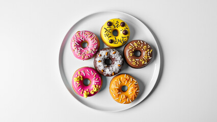 A gourmet selection of donuts featuring a mix of classic and creative toppings&mdash;one with strawberry icing and chocolate sprinkles
