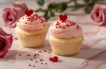Valentine's Day cupcakes with pink frosting and red heart-shaped sprinkles, on a pastel background with roses.