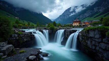 Fototapeta premium A detailed, high-quality photo of Reichenbach Falls in Switzerland during the night with cloudy weather, shot from a standard perspective
