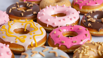 A gourmet selection of donuts featuring a mix of classic and creative toppings