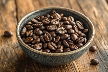 Peaberry Coffee. Roasted Bean with Aromatic Aroma in Wooden Bowl on African Background