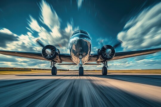 PC-12 in Flight. Abstract Retro Aeroplane Landing on Piste with Metallic Wheels
